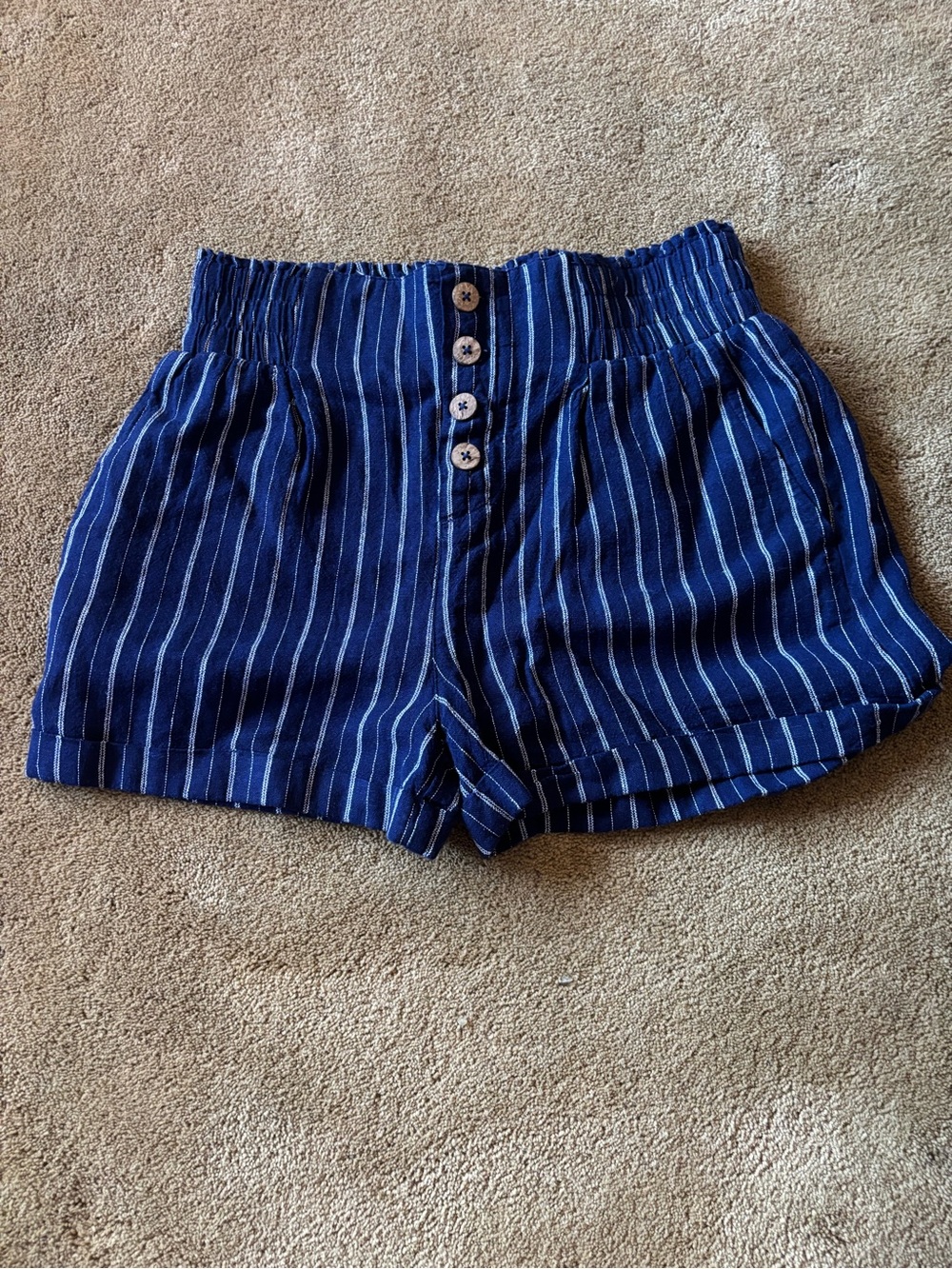 Jolt Navy Blue Striped High-Waist Button-Front Shorts